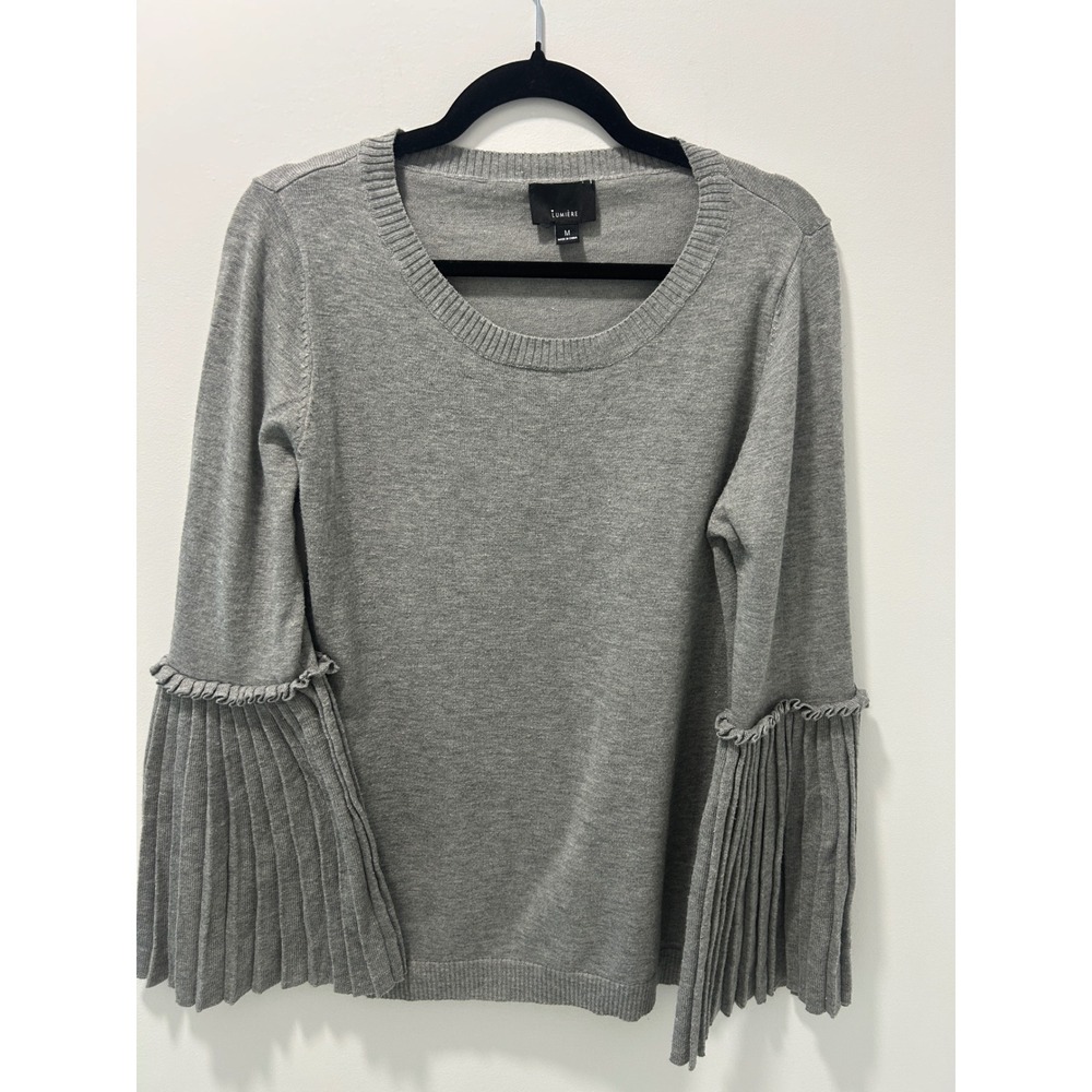 Lumiere Gray Pleated Bell Sleeve Ruffle Knit Wool Sweater Scoop Neck Medium‎